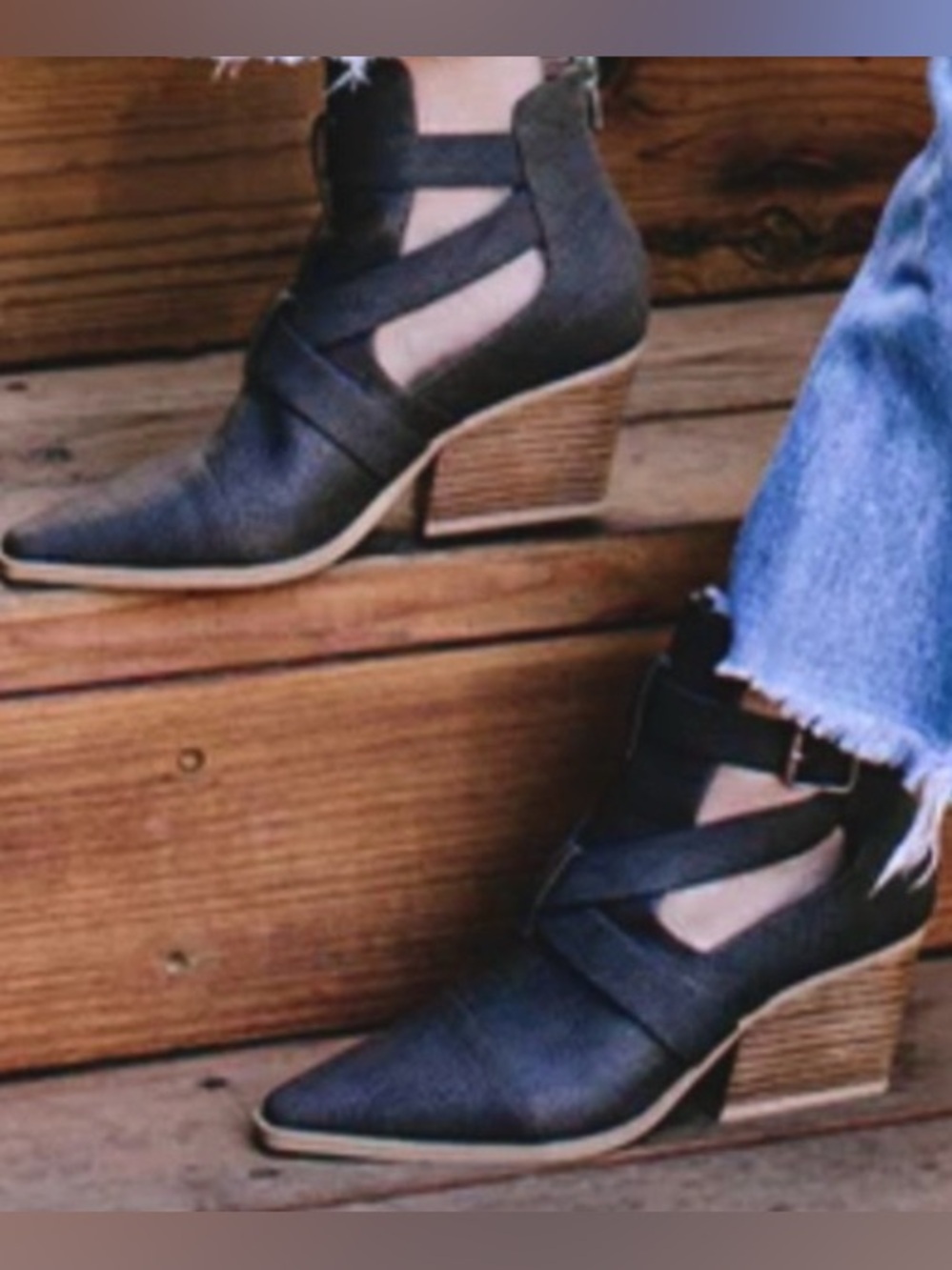 Yellowbox Black Canoly Cut-out Booties/Stacked Wooden Heel: Size 7